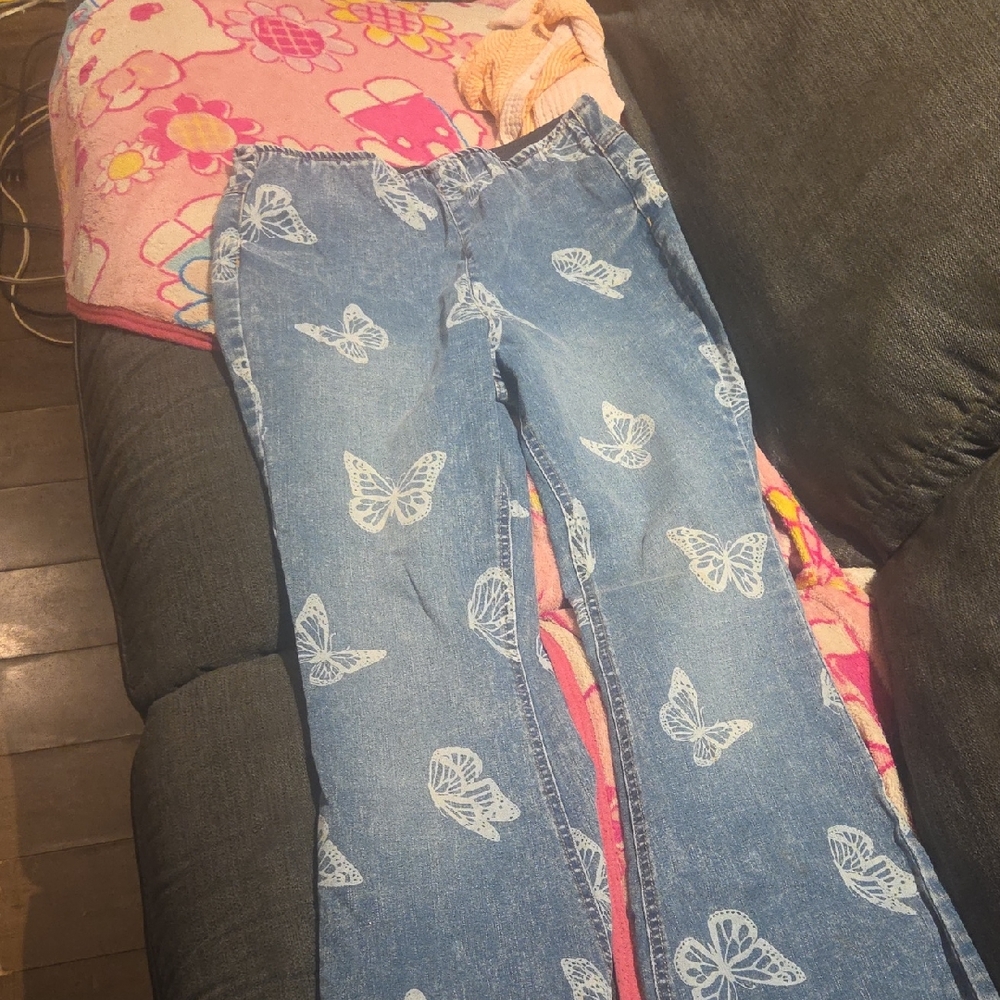 Blue Jeans with White Butterfly Print